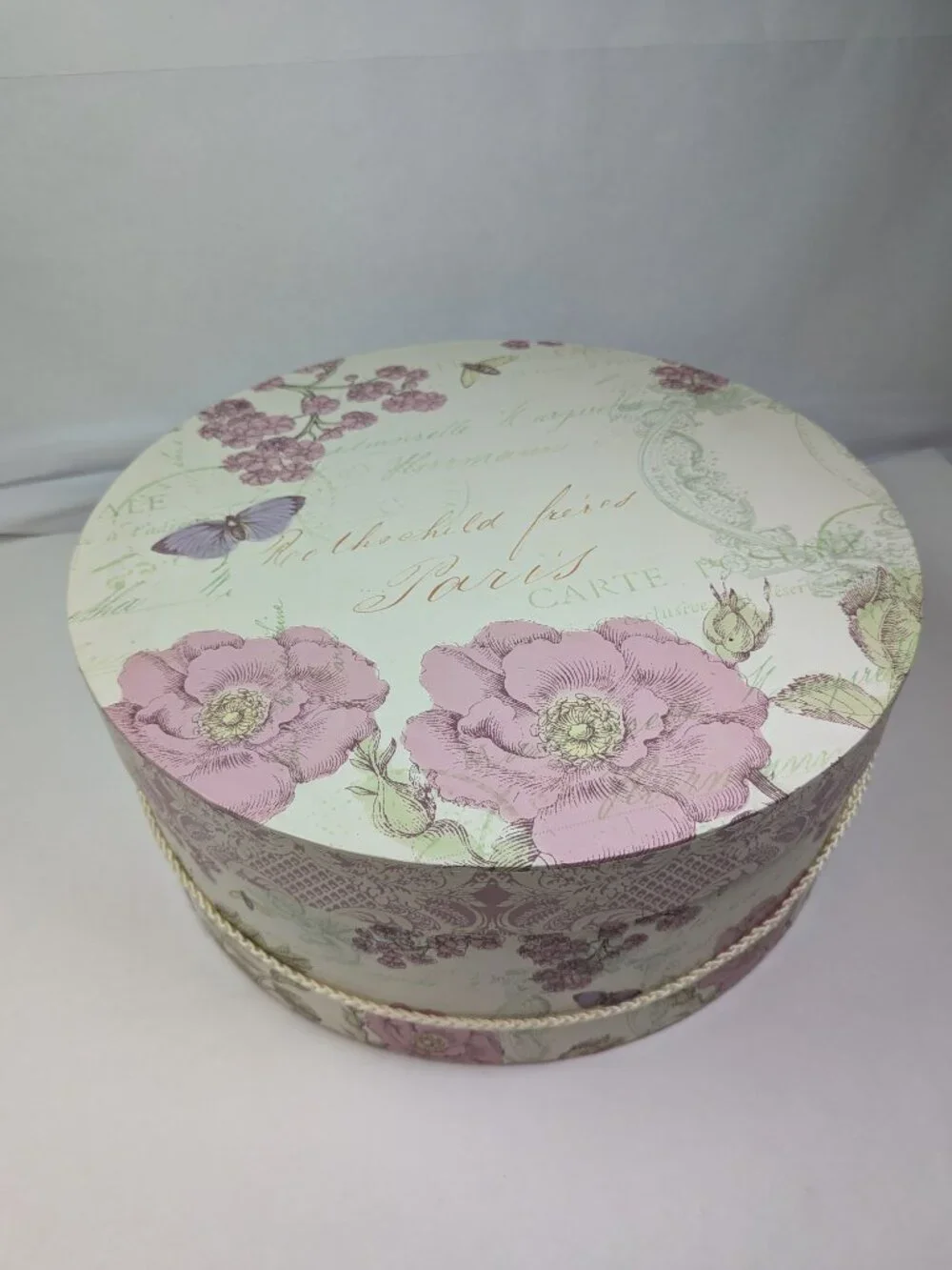 Paula Scaletta Townhouse Paris Postcard Floral Round Hat Box Butterfly 12